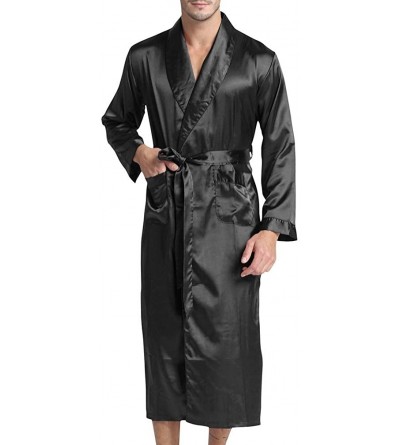 Robes Men's Satin Long Robe Kimono Bathrobe Sleepwear - Black - C318QHE0W03 $41.89