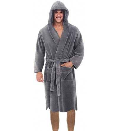 Robes Men Bathrobe Fleece Robe with Hood Winter Warm Bathrobe Home Clothes Long Sleeve Robe Loungewear Sleepwear - Gray - CP1...