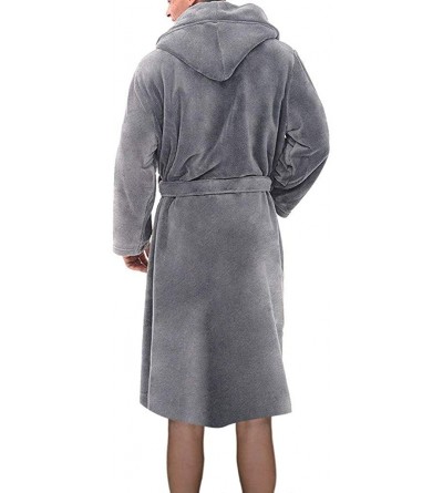 Robes Men Bathrobe Fleece Robe with Hood Winter Warm Bathrobe Home Clothes Long Sleeve Robe Loungewear Sleepwear - Gray - CP1...