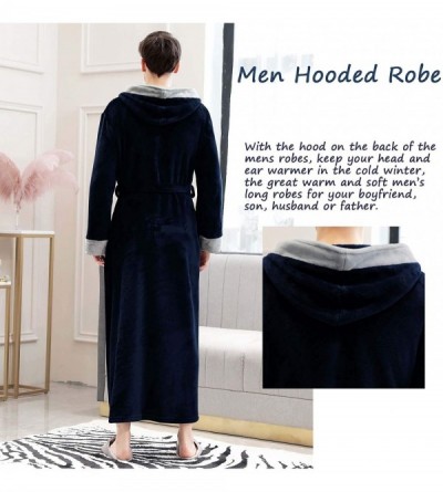 Robes Mens Long Robes with Hood Full Length Hooded Bathrobe Fleece Plush Fluffy Housecoat Nightgown - Navy Blue - C818X52SQ2S...