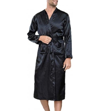 Robes Men Cozy Pure Colour Long Sleeve Charmeuse Lightweight Soft Lounge Robe Black L - CG199ONR5QM $68.99