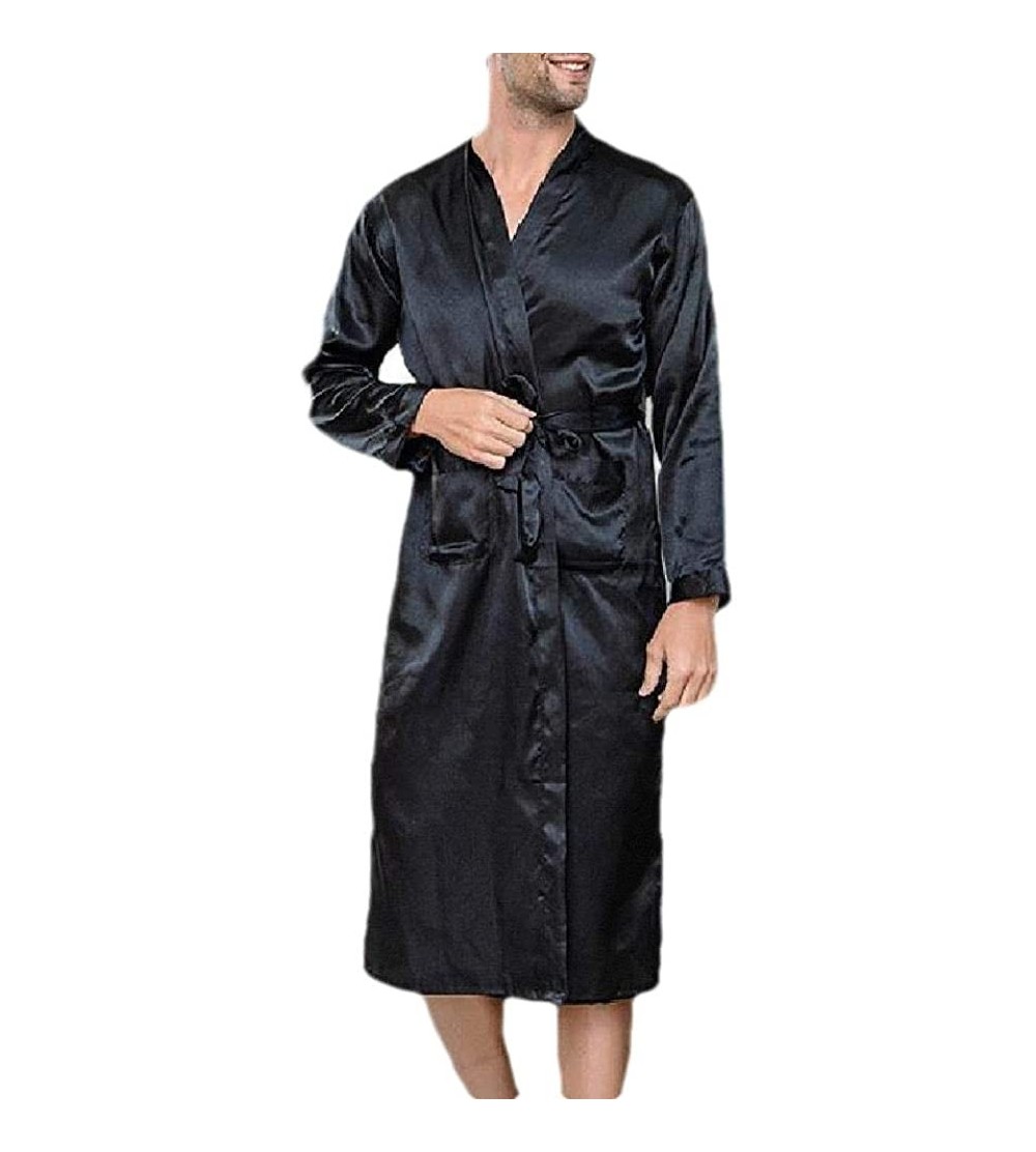 Robes Men Cozy Pure Colour Long Sleeve Charmeuse Lightweight Soft Lounge Robe Black L - CG199ONR5QM $34.50