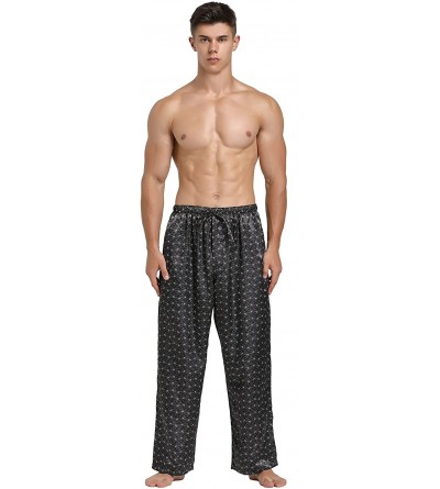 Sleep Bottoms Mens Satin Pajama Pants- Long Pajama Bottoms with Drawstring - Grey Print - CO18G9QK8TU $35.16
