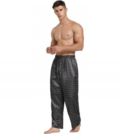 Sleep Bottoms Mens Satin Pajama Pants- Long Pajama Bottoms with Drawstring - Grey Print - CO18G9QK8TU $20.55