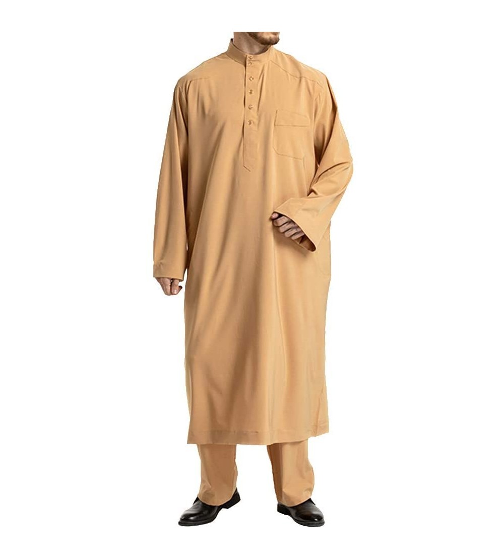 Robes Islamic Thobe Pure Color Stand Collar Long Sleeve Middle Eastern Arab Muslim Wear Robe Clothes with Pants for Men Size ...