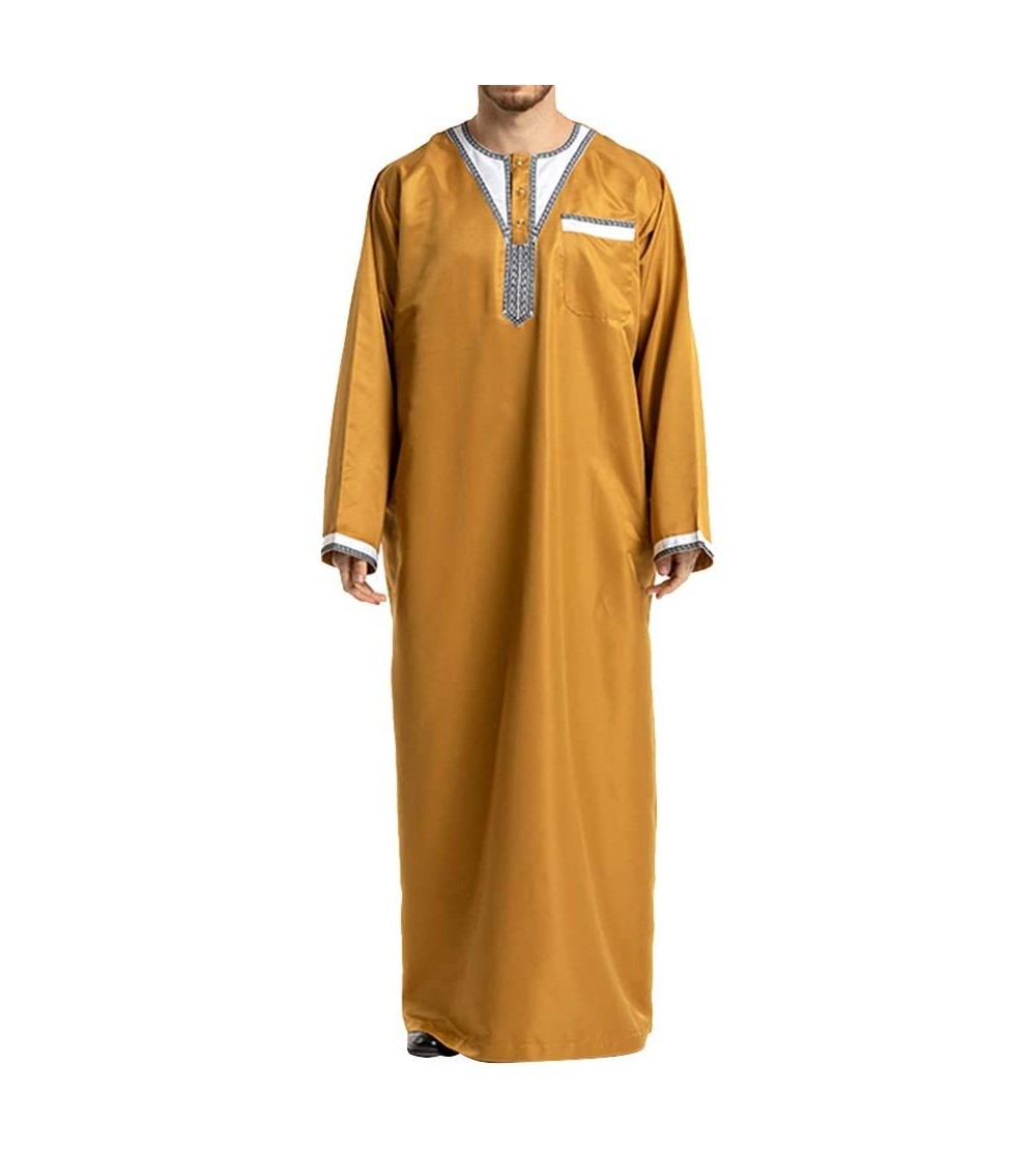Robes Men's Islamic Thobe Round Collar Splicing Long Sleeve Arab Muslim Wear Robe Clothes Size M (Yellow) - CV18SX97KEL $36.78