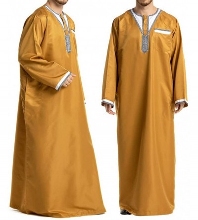 Robes Men's Islamic Thobe Round Collar Splicing Long Sleeve Arab Muslim Wear Robe Clothes Size M (Yellow) - CV18SX97KEL $36.78