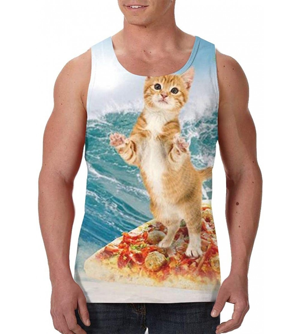 Undershirts Men's Soft Tank Tops Novelty 3D Printed Gym Workout Athletic Undershirt - Cat Surfing on Pizza - C619DSDR70X $20.21