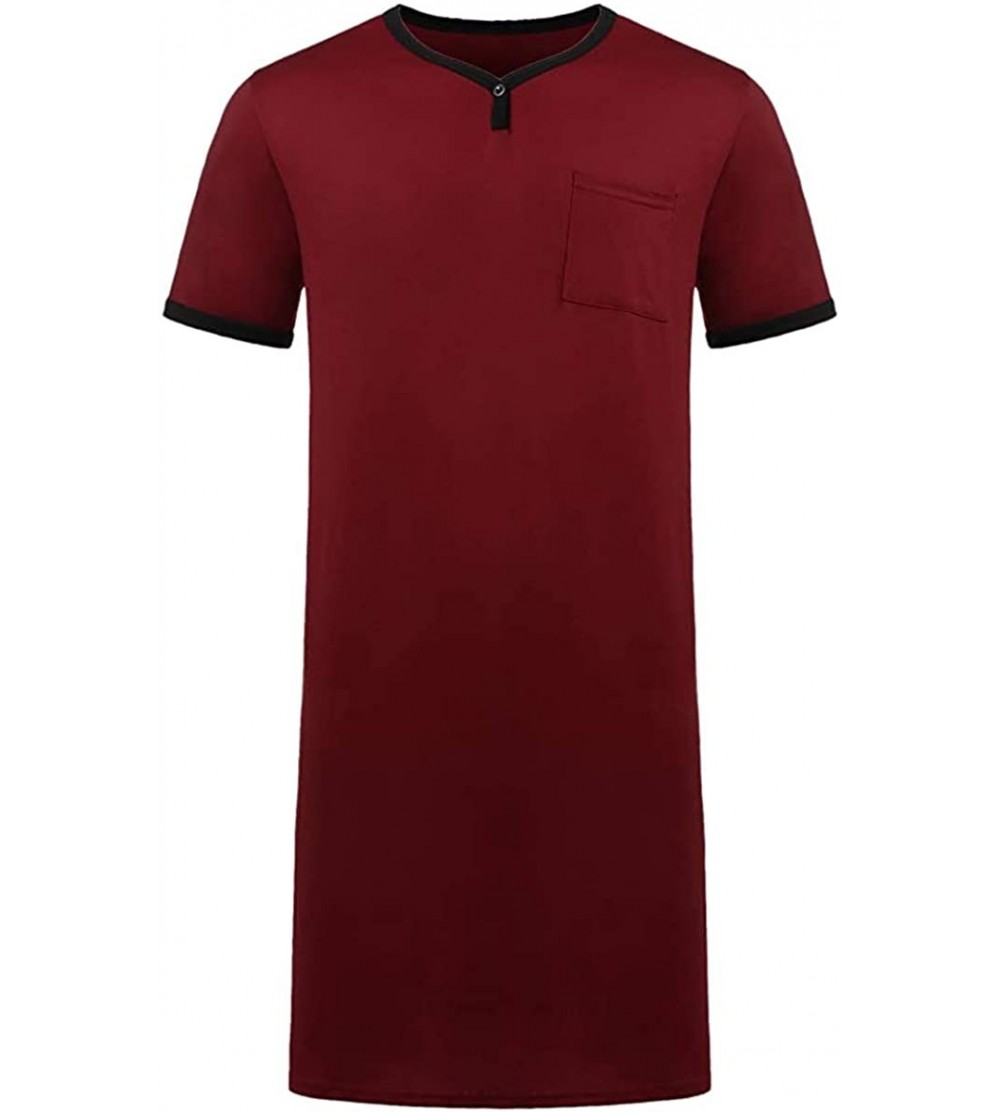 Robes Men's Oversize Nightshirt V-Neck Sleepshirt Short-Sleeve Loose Sleepwear with Chest Pocket Solid Pajamas Nightgown - Wi...