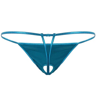 G-Strings & Thongs Men's Shiny Metallic Low Rise Hole Bulge Pouch Thong Bikini Briefs G-String Underwear - Lake Blue - C5198S...