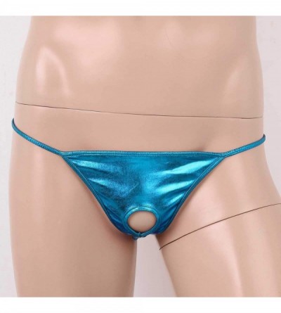 G-Strings & Thongs Men's Shiny Metallic Low Rise Hole Bulge Pouch Thong Bikini Briefs G-String Underwear - Lake Blue - C5198S...