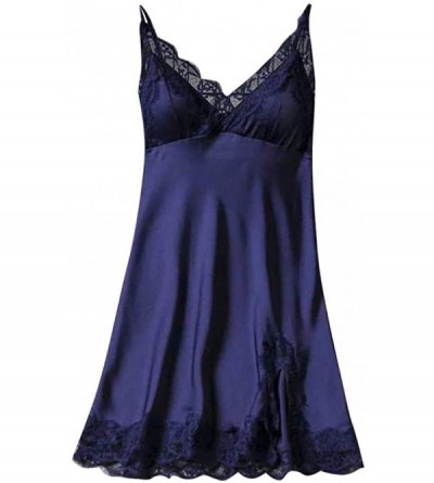 Baby Dolls & Chemises Sexy Pajamas for Women Chemise Sleepwear Full Slips Lace Nightgown Cotton Jersey Lingerie - Blue - CY19...