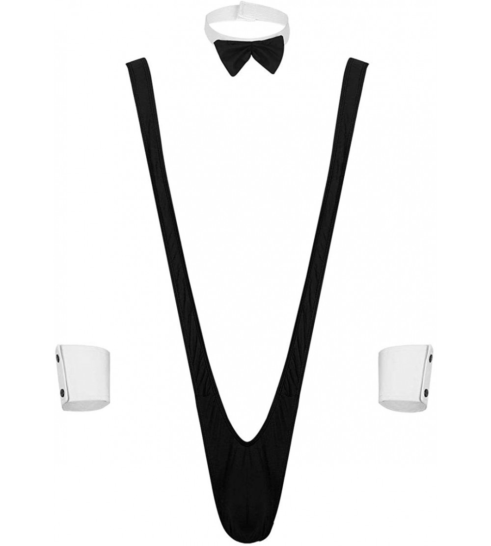 G-Strings & Thongs 3Pcs Sexy Men's Collared Bow Tie Waiter Lingerie Set Tuxedo Thong V-String Bodysuit - Black - CC18O3MCMQZ ...