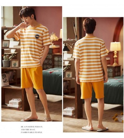 Sleep Sets Mens Pyjama Set Summer 100% Cotton Sleepwear Stripe Short Sleeve and Shorts Set with Fashion Design Lounge Wear Ho...
