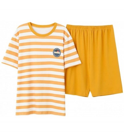 Sleep Sets Mens Pyjama Set Summer 100% Cotton Sleepwear Stripe Short Sleeve and Shorts Set with Fashion Design Lounge Wear Ho...