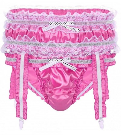 Briefs Men's Ruffled Frilly Satin Bikini Briefs Sissy Crossdress Panties Underwear with Garters Belt - Rose - CX18NR4KQKE $17.67