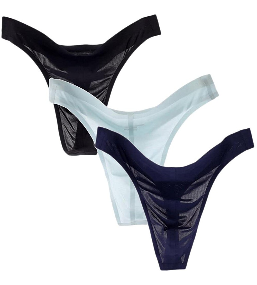 G-Strings & Thongs Men's Thongs G String 3 Pack Ice Silk Ultra-thin Panties - Black+blue+navy Blue - CJ18EXQOLUG $18.08