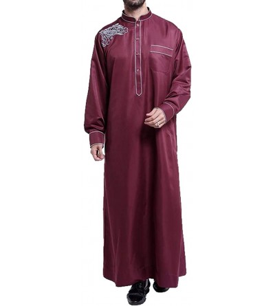 Robes Men's Muslim Middle East Button Up Arabic Abaya Long Sleeve Maxi Robes Kaftan - Wine Red - CA18TY3E383 $27.24