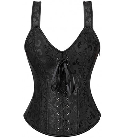 Bustiers & Corsets Womens Satin Brocade Corset Lace up Overbust Bustier with Shoulder Straps - Black - CH18LAG3LOZ $67.81