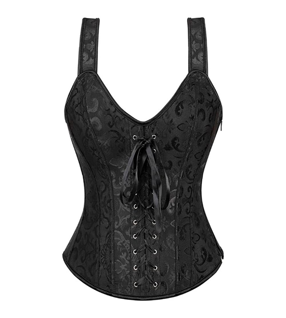 Bustiers & Corsets Womens Satin Brocade Corset Lace up Overbust Bustier with Shoulder Straps - Black - CH18LAG3LOZ $34.71