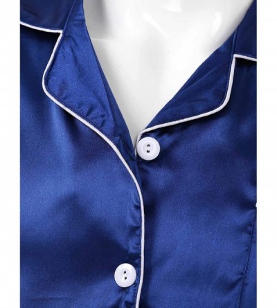 Sleep Sets Men's Satin Solid Pajamas Button Down Shirt Top with Shorts Sleepwear Lounge Set - Navy Blue - CW198S0KQQM $28.59