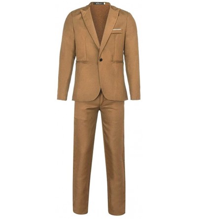 Thermal Underwear Mens Slim Button Suit Pure Color Dress Blazer Host Show Jacket Coat Pants - Khaki - CF18YLGCY63 $57.91