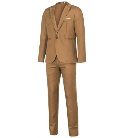 Thermal Underwear Mens Slim Button Suit Pure Color Dress Blazer Host Show Jacket Coat Pants - Khaki - CF18YLGCY63 $19.74