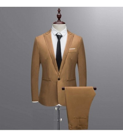 Thermal Underwear Mens Slim Button Suit Pure Color Dress Blazer Host Show Jacket Coat Pants - Khaki - CF18YLGCY63 $19.74