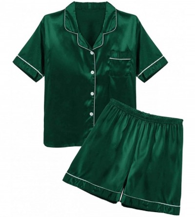 Sleep Sets Mens Silky Satin Nightwear Pajamas Set Shirt Top with Elastic Waist Boxer Shorts - Green - C0198SG70LT $58.40