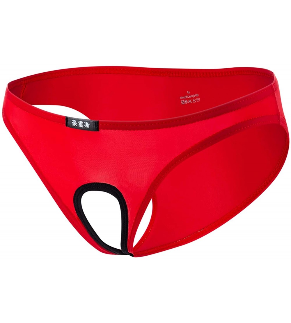 G-Strings & Thongs Men's Sexy Hollowed Pouch Thong Underwear Ice Silk Bikini Briefs - Red - CJ198GXQ3XK $13.73