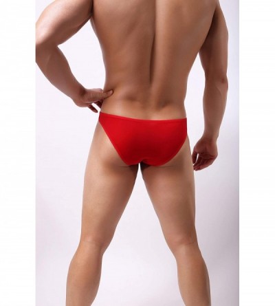 G-Strings & Thongs Men's Sexy Hollowed Pouch Thong Underwear Ice Silk Bikini Briefs - Red - CJ198GXQ3XK $13.73