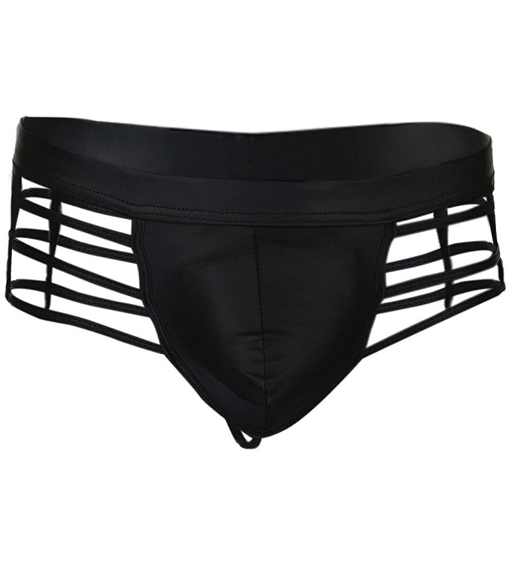 G-Strings & Thongs Men's Sexy Leather Panty Thong Strappy Hollow Out G-String T-Back Underwear Pouch Briefs Pants - Black - C...