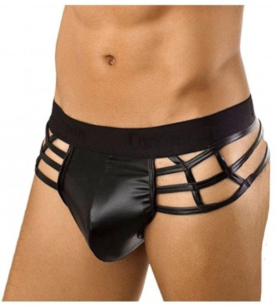 G-Strings & Thongs Men's Sexy Leather Panty Thong Strappy Hollow Out G-String T-Back Underwear Pouch Briefs Pants - Black - C...