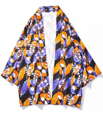 Robes Men's Japanese Floral Print Colorful Kimono Cardigan Cover Up Open Front Yukata Jackets - One - CY197EQNZ4U $33.82
