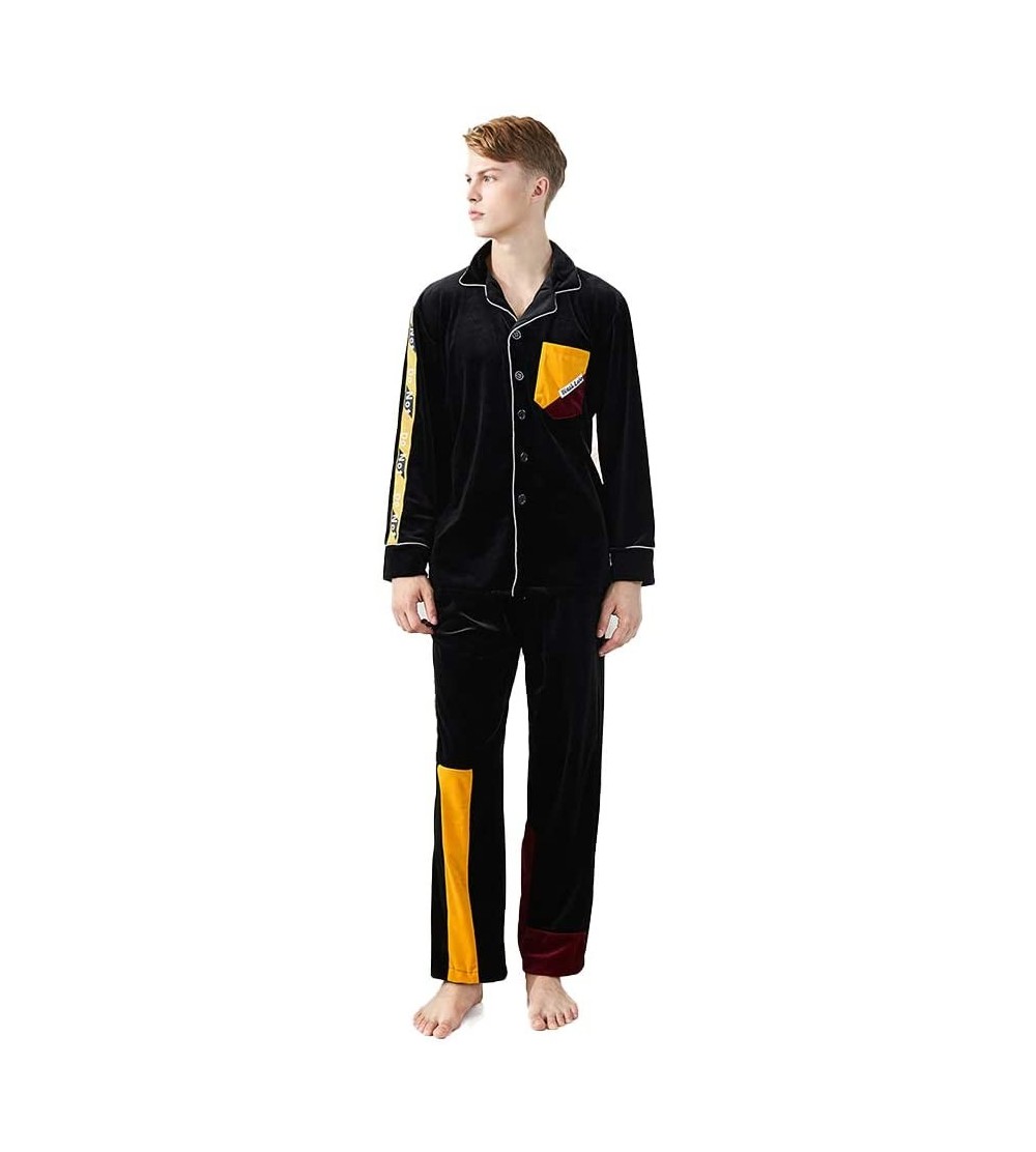 Robes Mens Pajamas/Long Sleeve Solid Color Bathrobe Button-Connected Thermal Pajamas Outfit-Black-L - Black - C1193NKXDTA $40.11