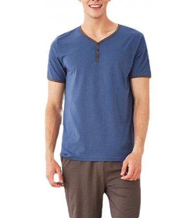 Sleep Sets Men's Striped Short-Sleeve Sleepwears Cotton Shorts-&-Shirt Summer Henry Lounge Pajama Sets - 3 - CN19DEXQ7DN $29.73
