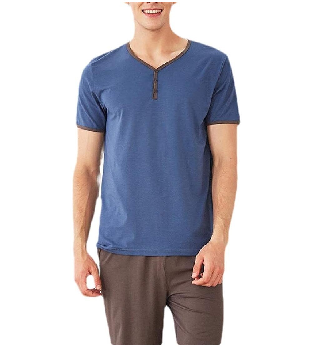 Sleep Sets Men's Striped Short-Sleeve Sleepwears Cotton Shorts-&-Shirt Summer Henry Lounge Pajama Sets - 3 - CN19DEXQ7DN $29.73