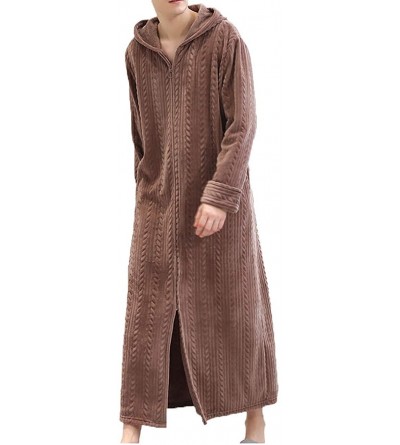 Robes Men Zipper Front Bathrobe with Hood Flannel Fleece Plush Caftan Soft Long Robe Warm Housecoat - Coffee - C6193ILHN95 $7...