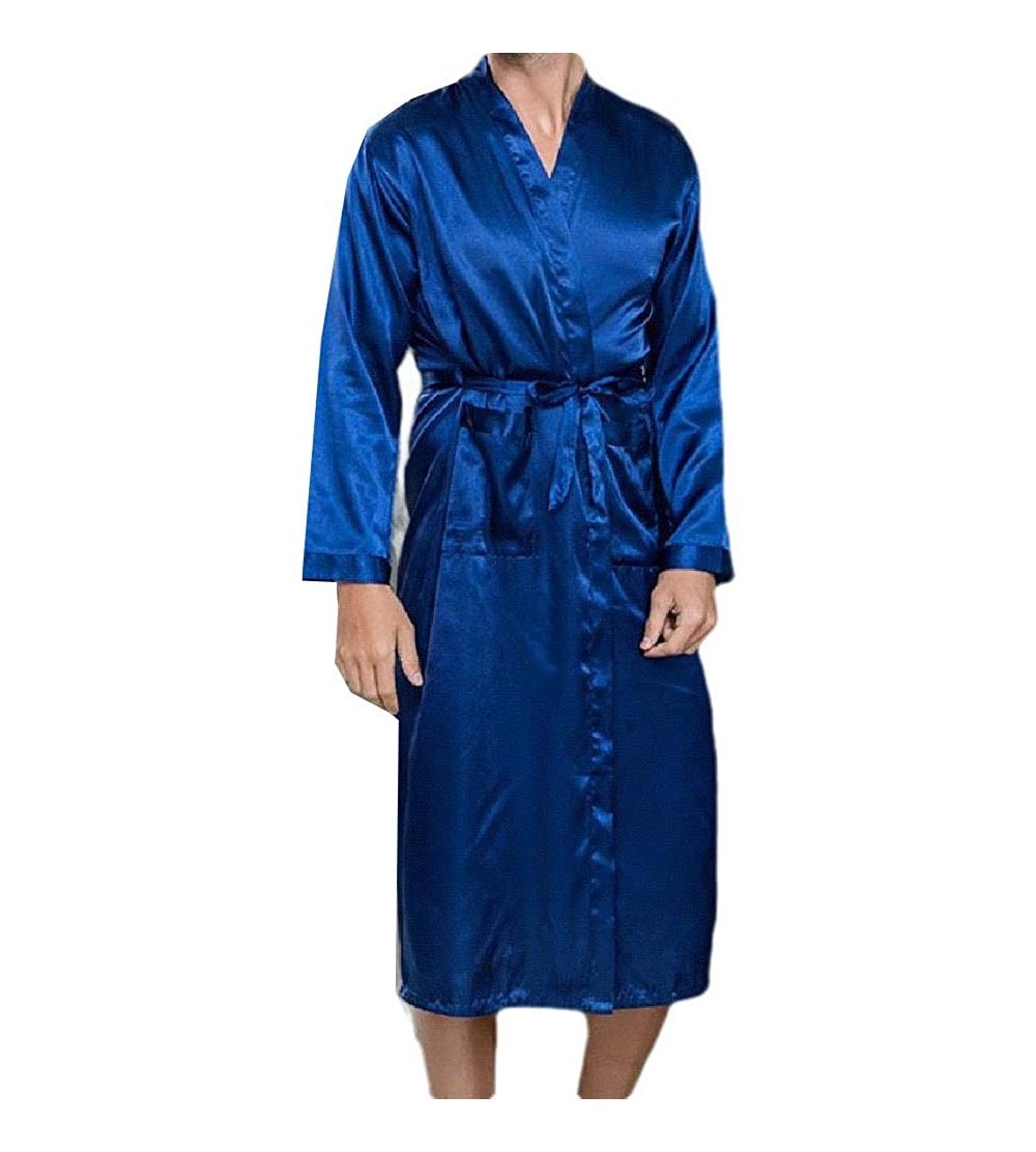 Robes Men Cozy Pure Colour Long Sleeve Charmeuse Lightweight Soft Lounge Robe Navy Blue M - C9199ODZI2Y $28.13