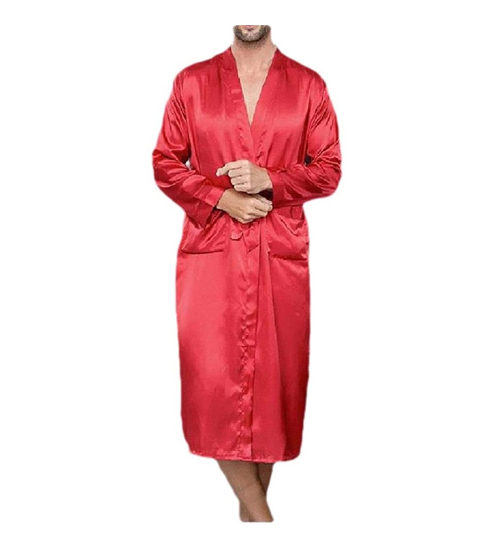 Sleep Sets Men's Ultra Light Weight Long-Sleeve Soft Comfort Charmeuse Sleepwear - Red - C9199QC32H5 $20.25
