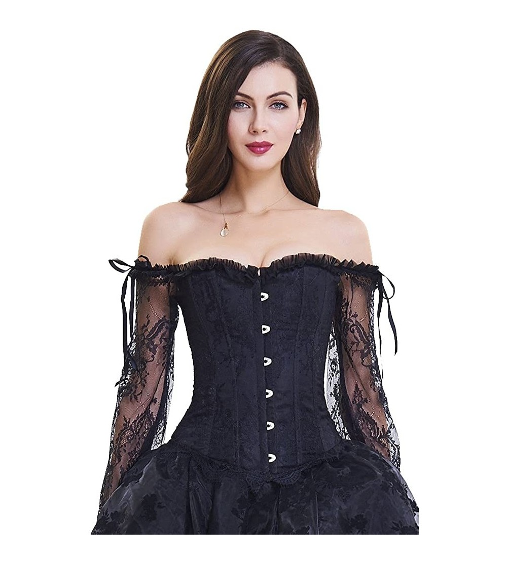 Bustiers & Corsets Women's Overbust Lace up Back Corset with Shoulder Sleeve - Black - CD186LL6UEH $15.74