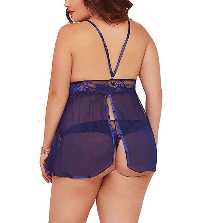 Baby Dolls & Chemises Teddies for Women Sexy Plus Size Open Back Lace Babydoll Sleepwear Exotic Skirt - Blue - CY195ANHCIS $9.43