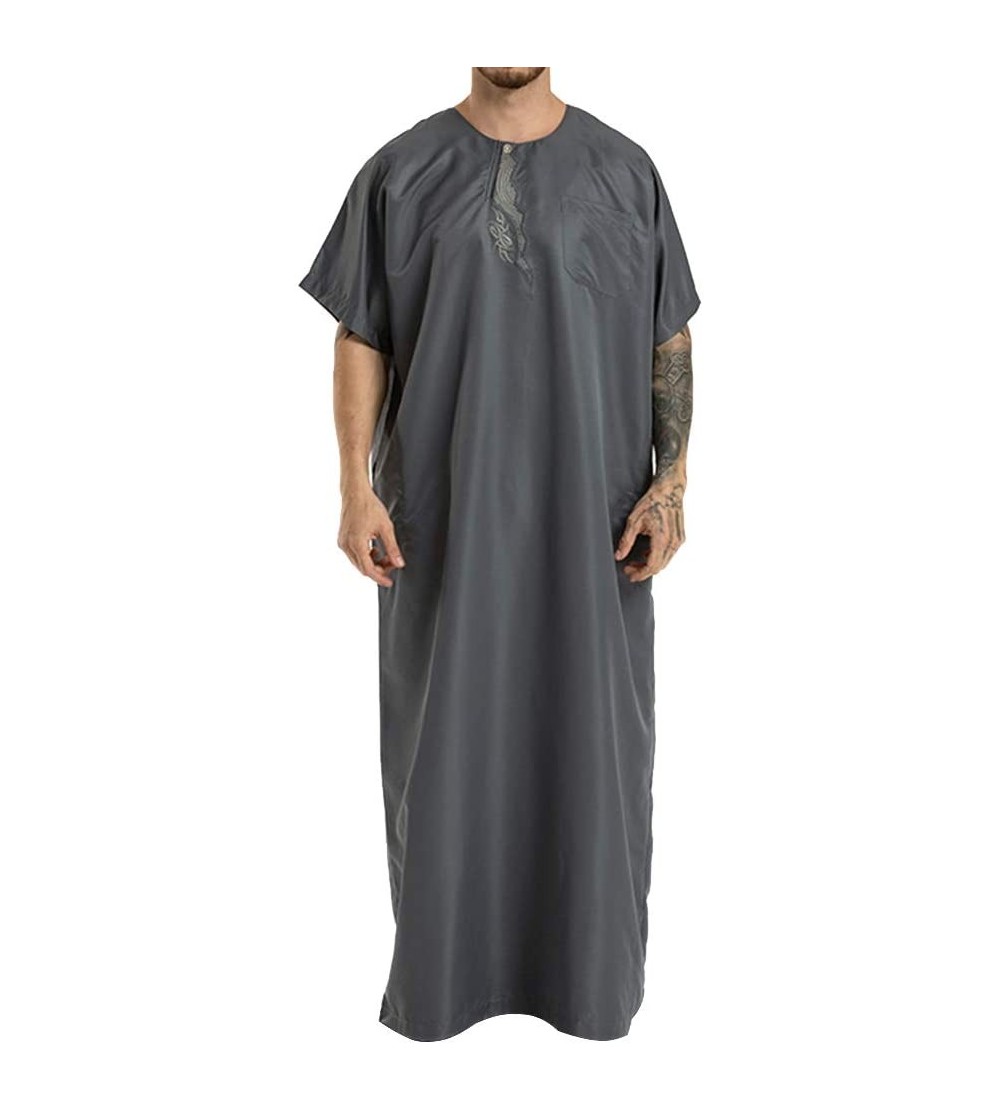 Robes Islamic Thobe Round Collar Embroidery Short Sleeve Middle Eastern Arab Muslim Wear Robe Clothes for Men Size M (Grey) -...