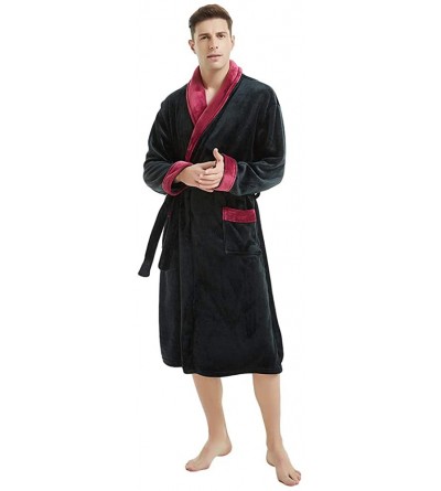 Robes Mens Fleece Robe Plush Collar Shawl Bathrobe - Black/Dark Red - CJ18K77LOL6 $24.75