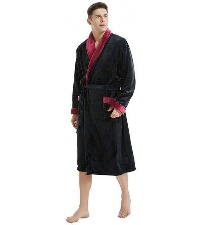 Robes Mens Fleece Robe Plush Collar Shawl Bathrobe - Black/Dark Red - CJ18K77LOL6 $24.75