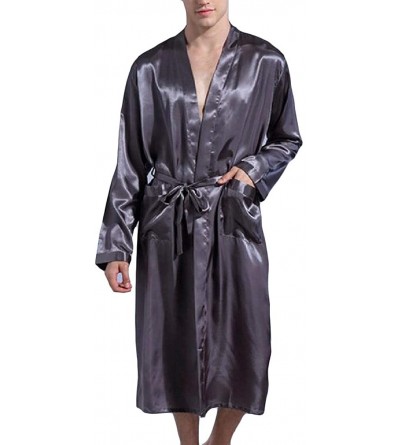 Robes Men Satin Long Sleeve Bathrobe Belt Big & Tall Sleepwear Robe - Grey - CC18T2ZKKN0 $24.04