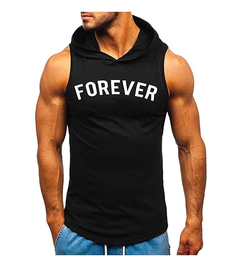 Undershirts Men's Workout Hooded Tank Tops Bodybuilding Muscle Cut Off T Shirt Sleeveless Gym Hoodies - Black D - CR194EAR53Q...
