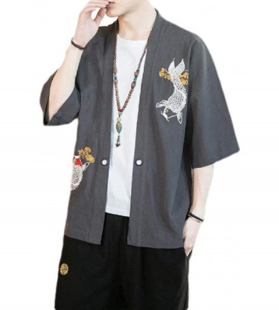 Robes Men's Cotton Linen Short Sleeve Embroidery Open Front Kimono Bathrobe Coat - Grey - C5198R54O75 $20.72