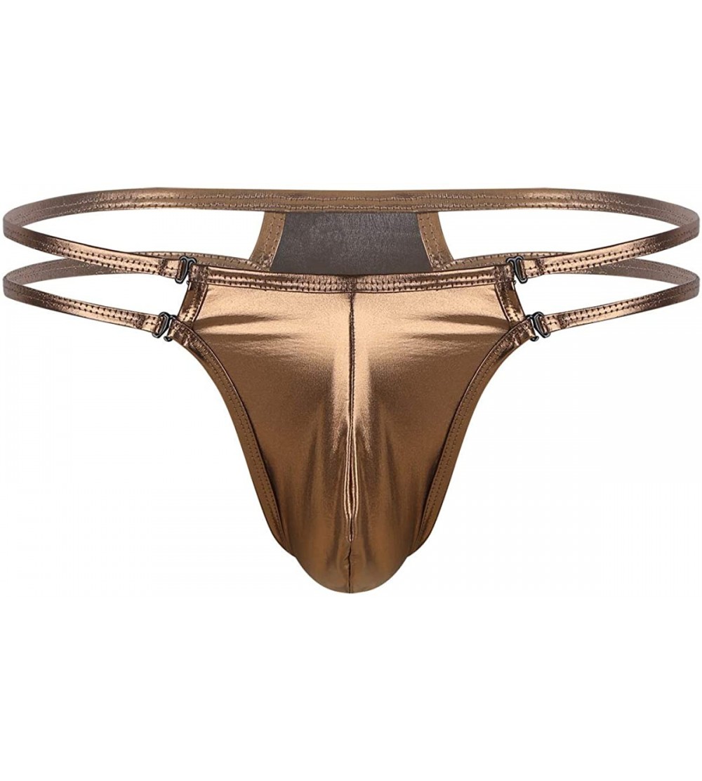 Bikinis Men's Shiny Leather Jockstrap Thong Underwear Low Rise Jock Strap Bikini Briefs - Coffee - CQ18TRYYE7S $14.39
