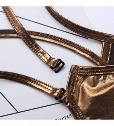Bikinis Men's Shiny Leather Jockstrap Thong Underwear Low Rise Jock Strap Bikini Briefs - Coffee - CQ18TRYYE7S $14.39